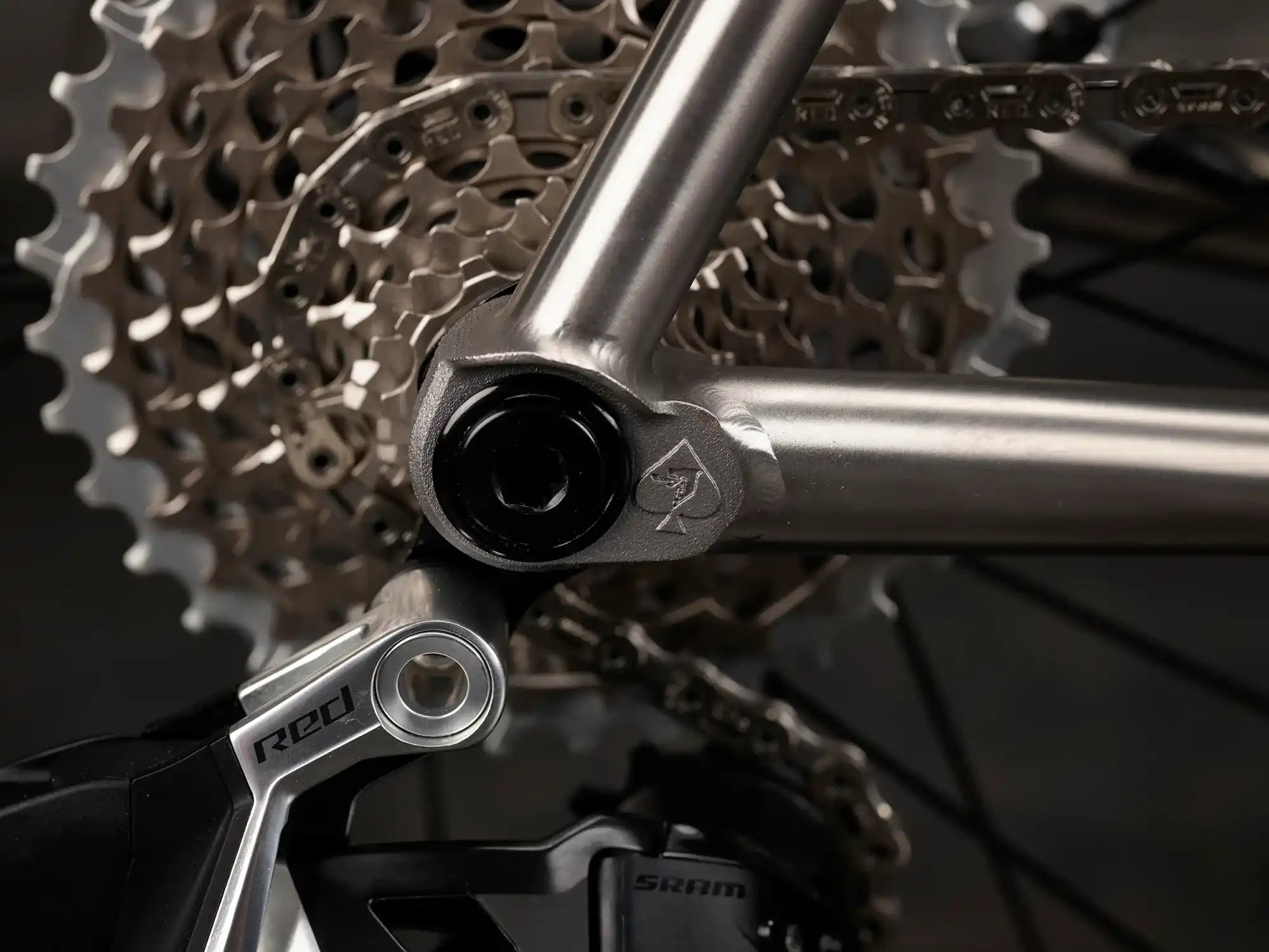 Bicycle gear cassette and rear derailleur mechanism with metallic components.