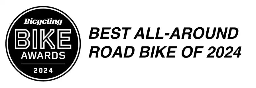 Black circular award badge with ’Bicycling Bike Awards 2024’’ and ’Best All-Around Road Bike of 2024’’ text.
