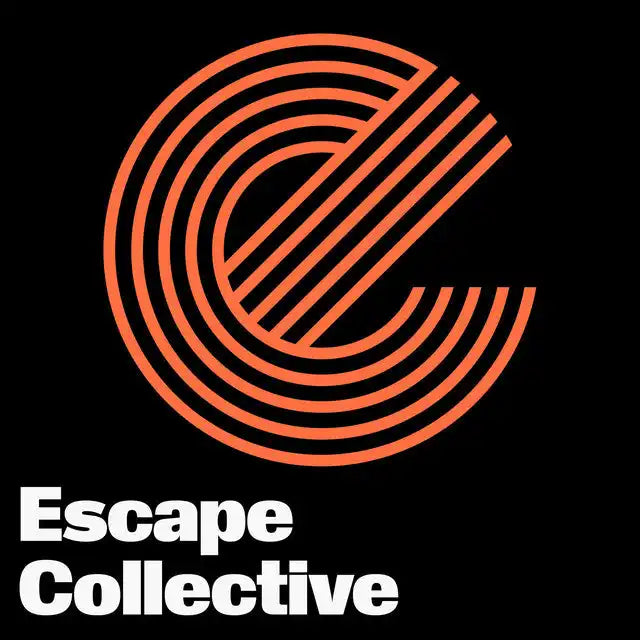 Orange concentric circular lines forming a stylized letter ’e’ above white text reading ’Escape Collective’.