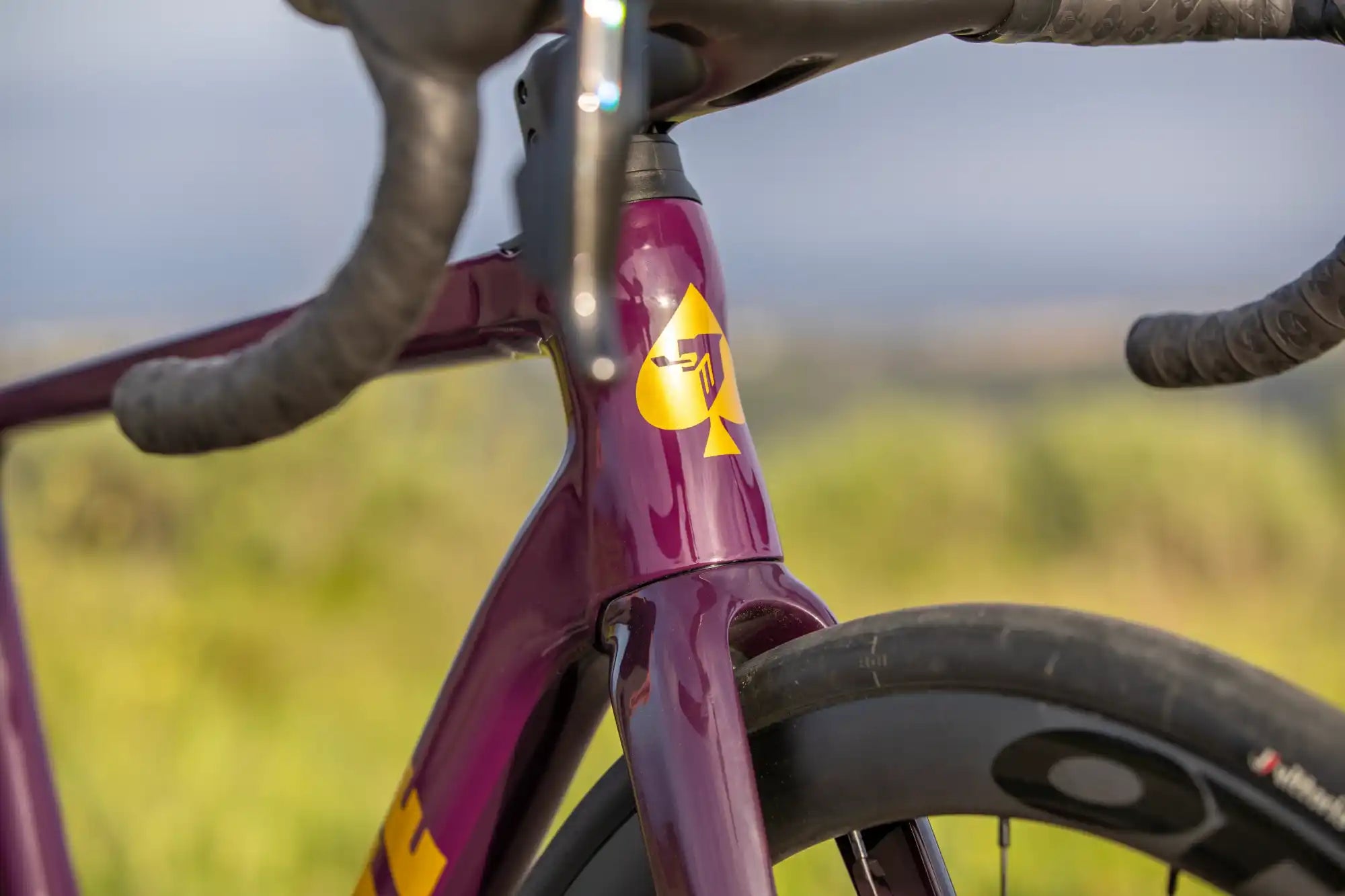Purple bicycle frame with a yellow triangle logo detail.