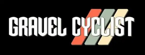 Retro-styled ’Gravel Cyclist’ text logo with diagonal striped accents in coral, sage, and cream colors.