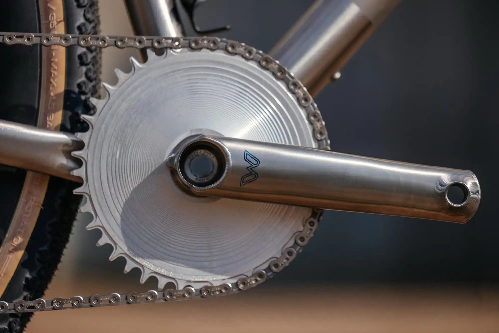 Bicycle crankset with chainring and pedal arm.