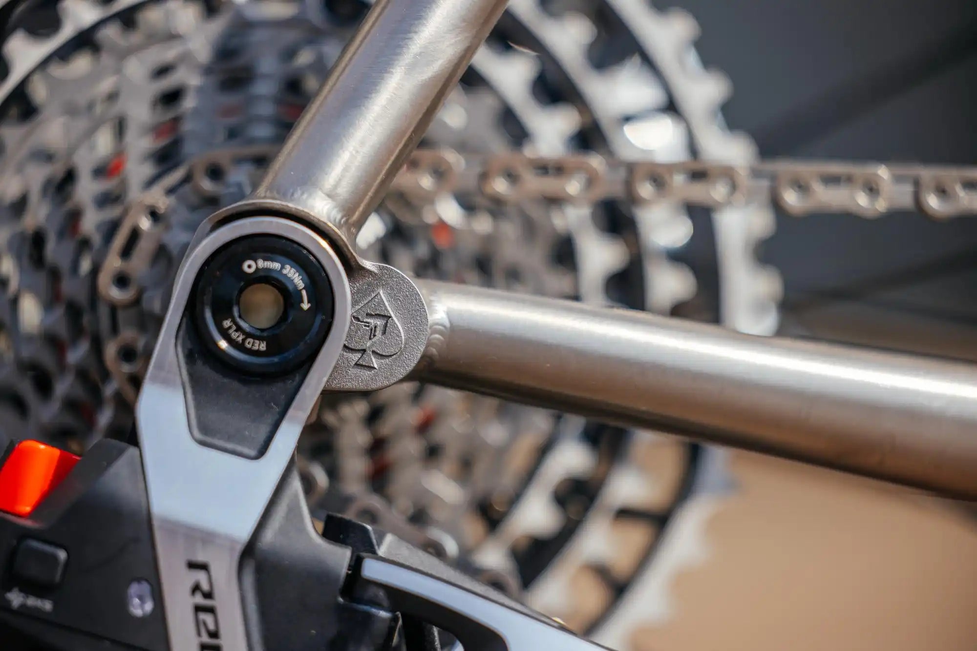 Bicycle derailleur and gear cassette in sharp detail.