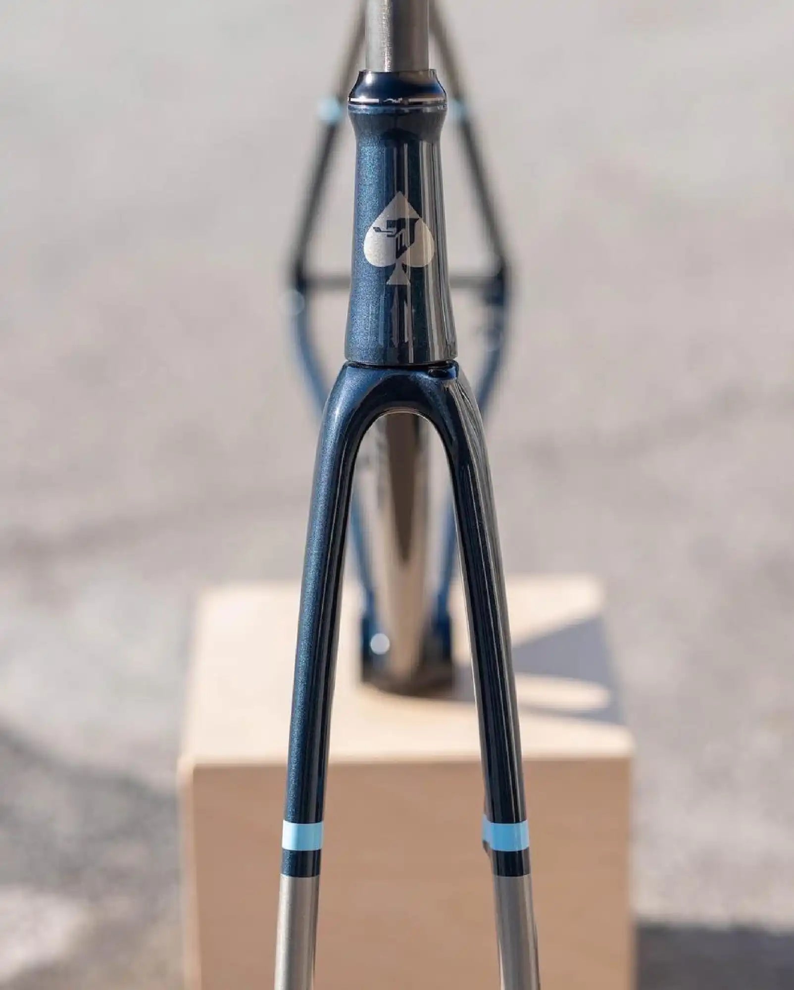 Black bicycle fork with light blue accents.