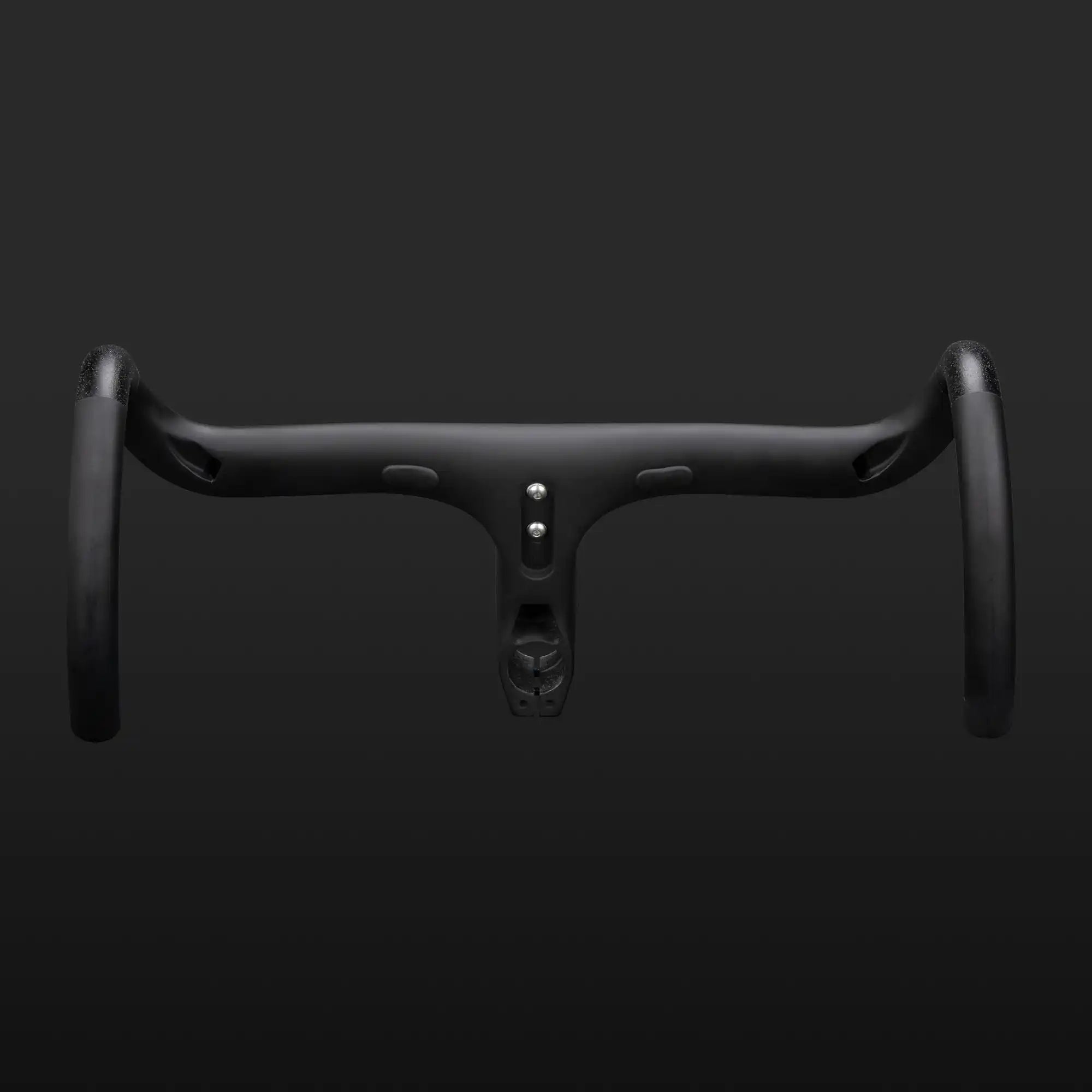 Black bicycle handlebars with curved drops and a stem mount.