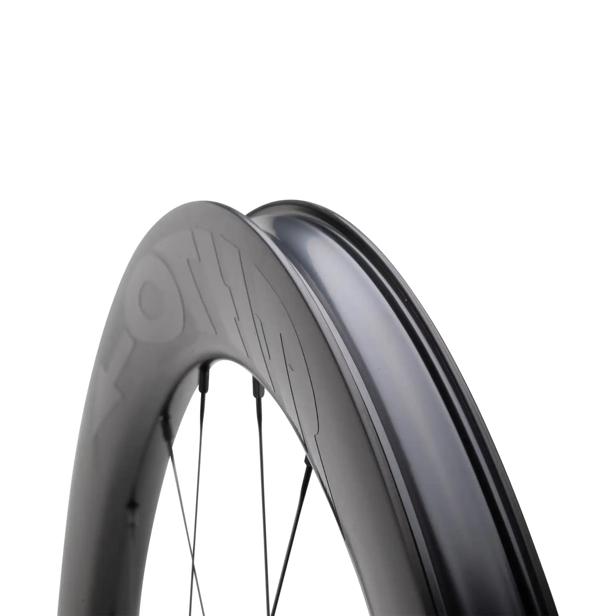 Black carbon fiber bicycle wheel rim with aerodynamic profile.