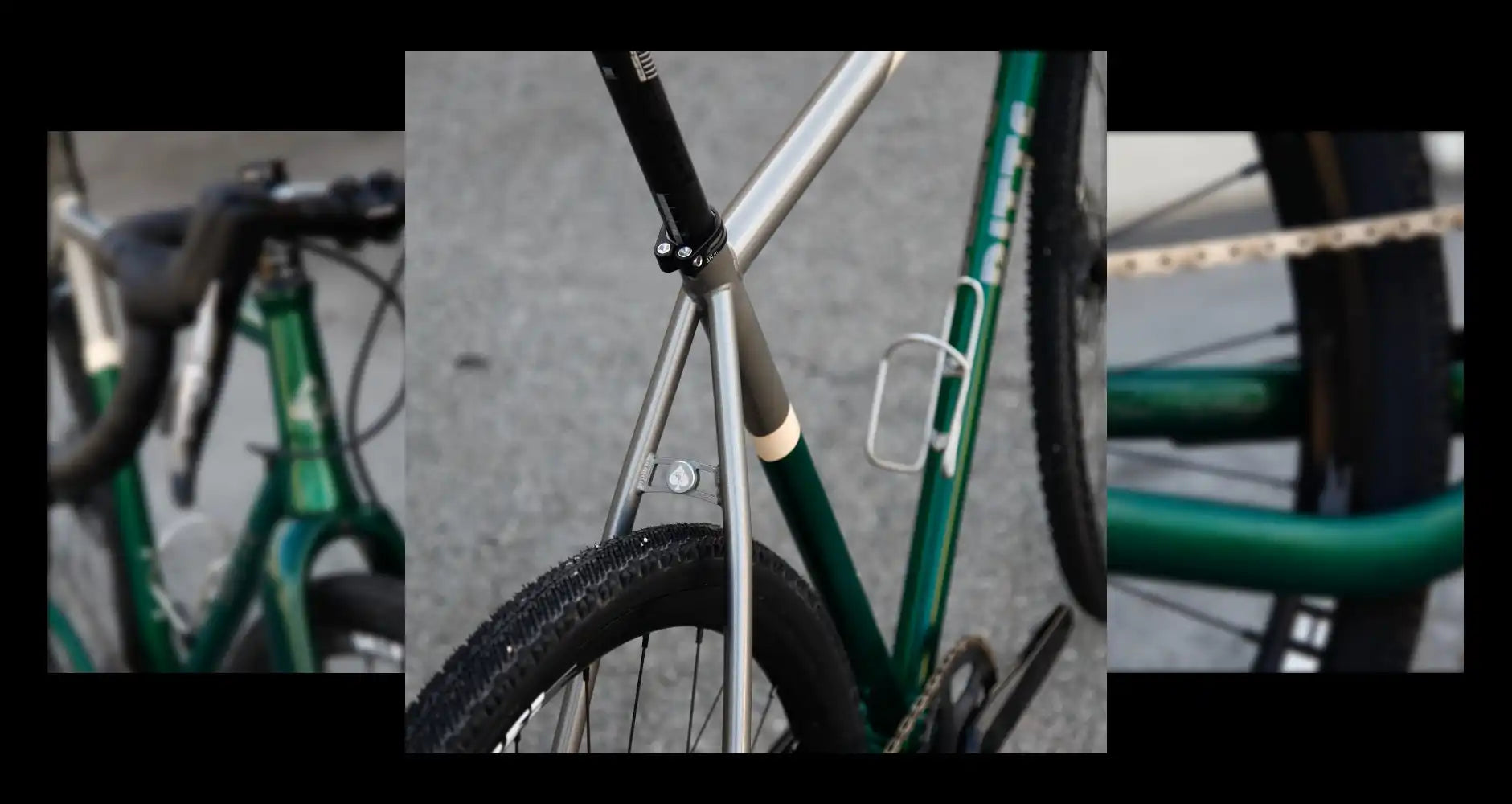 Green bicycle frame with black tire visible.