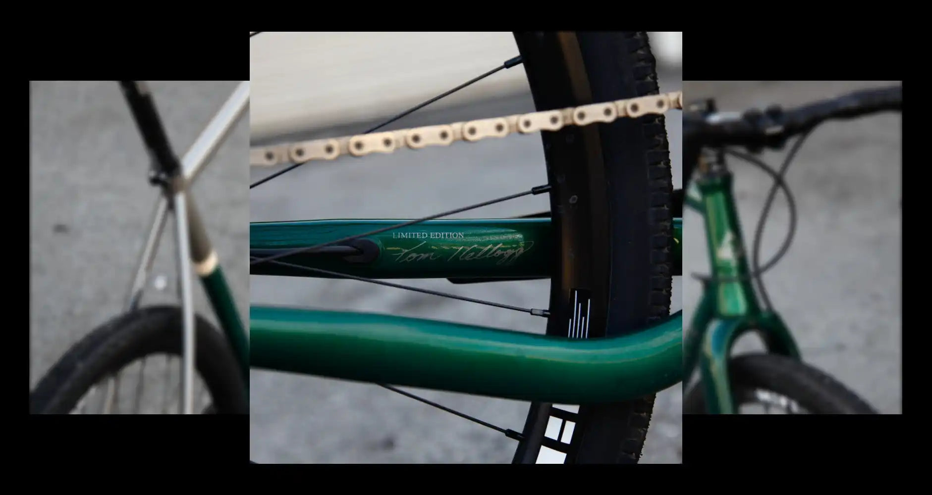 Green bicycle frame with visible frame tubing.