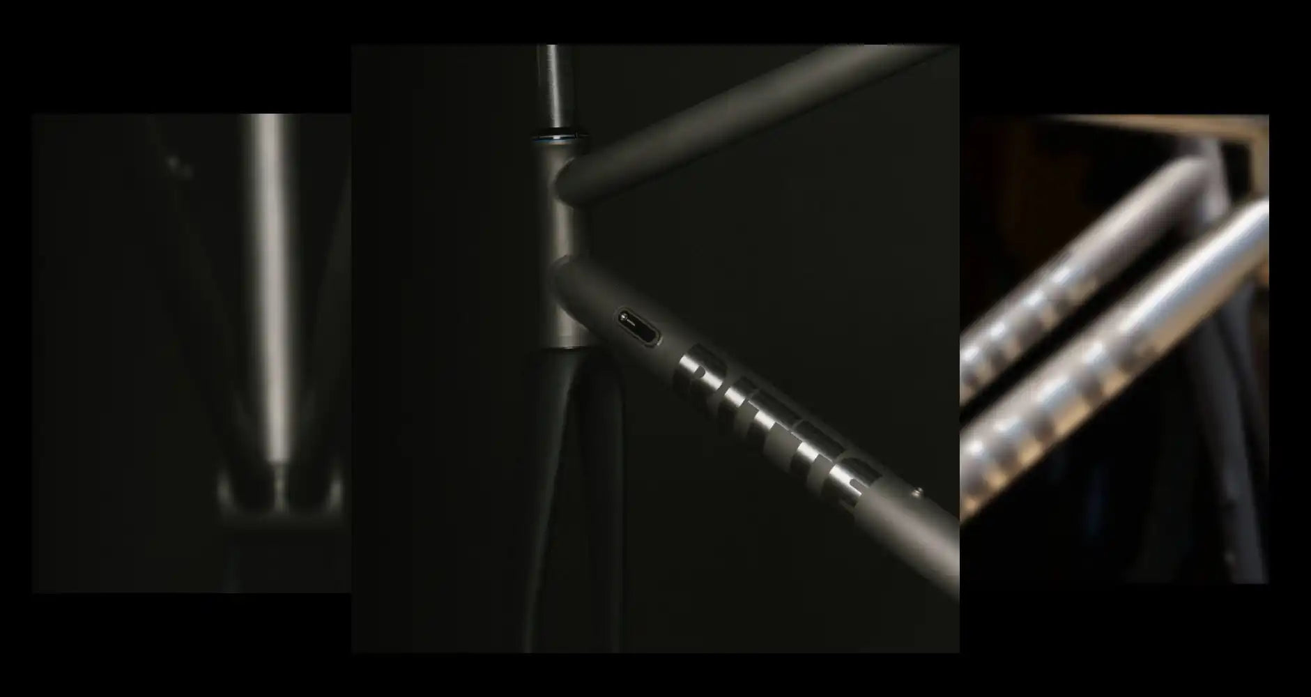 Metallic bicycle frame tube with detailed surface textures.