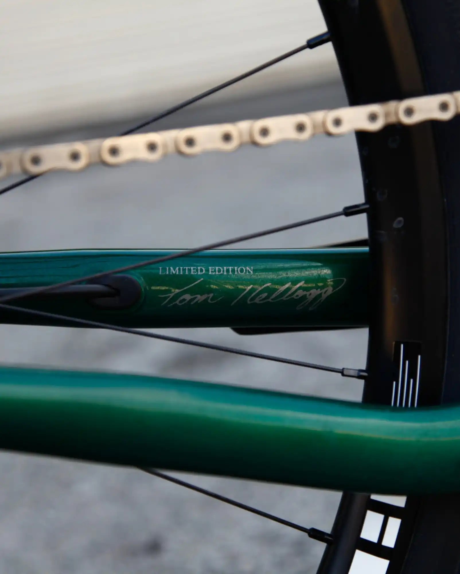 Metallic green bicycle frame with ’Limited Edition’ text and a signature decal.