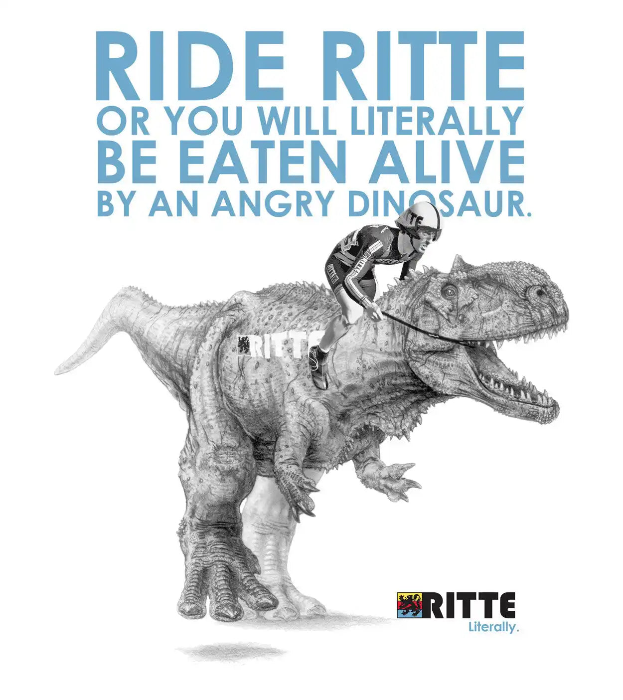 A person riding atop a T-Rex dinosaur with text about RITTE above.