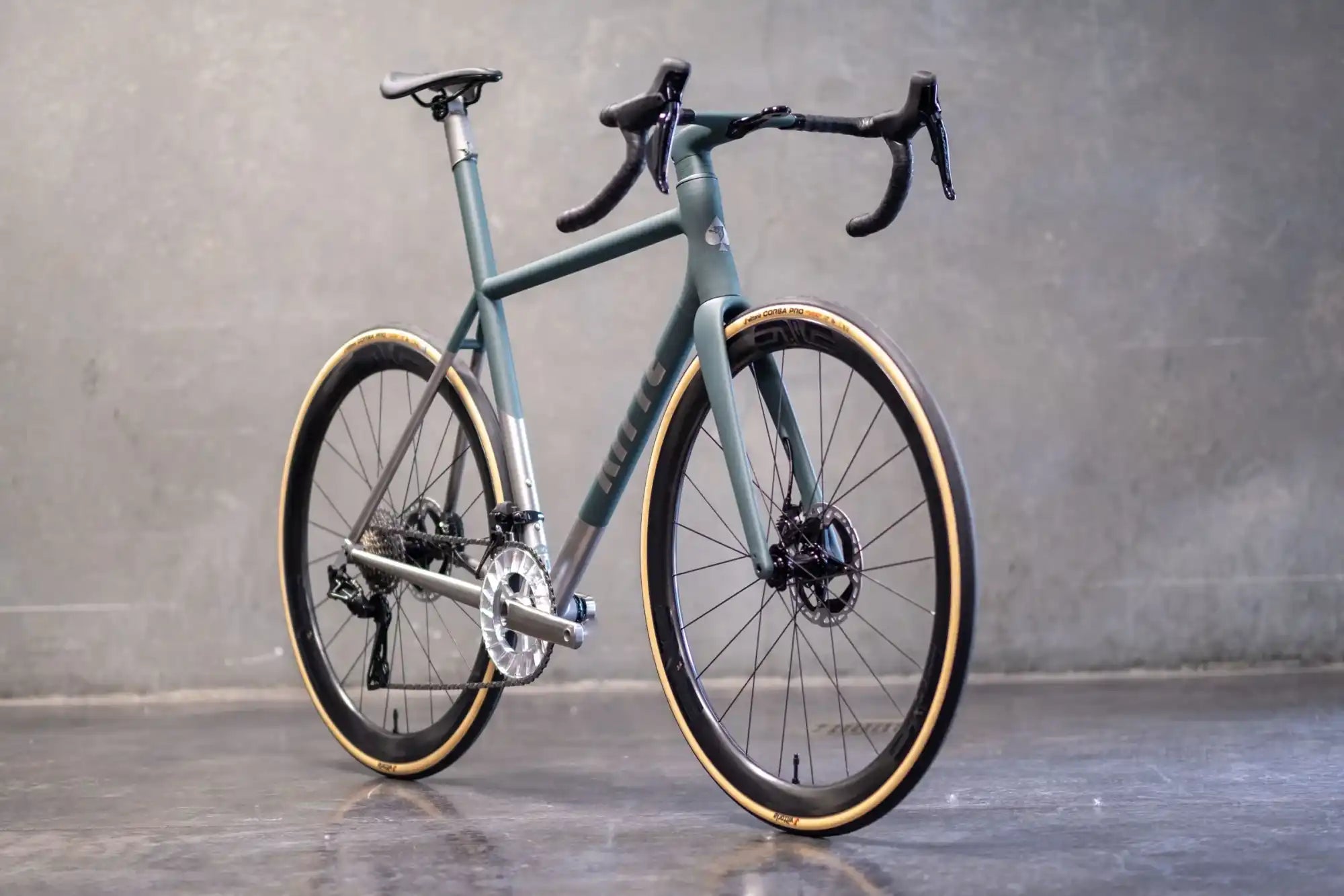 Sleek gray road bike with disc brakes and tan sidewall tires.