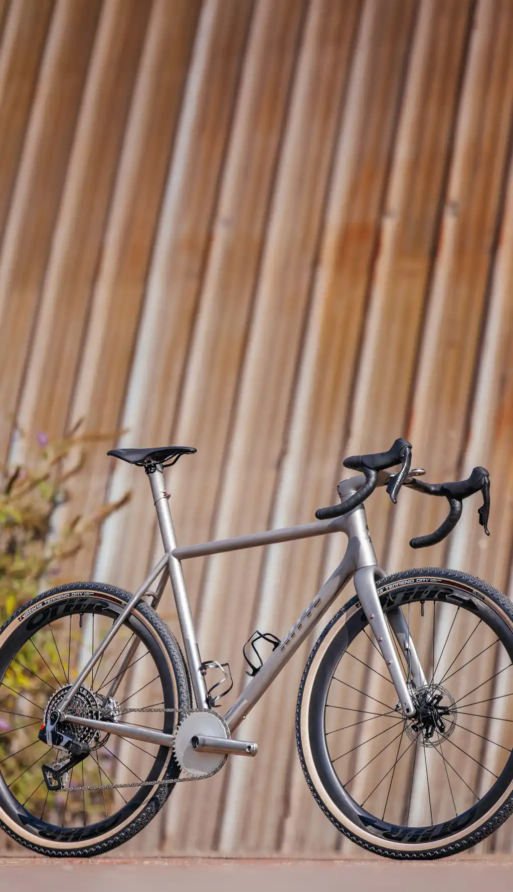 Sleek titanium gravel bike with drop handlebars and disc brakes.