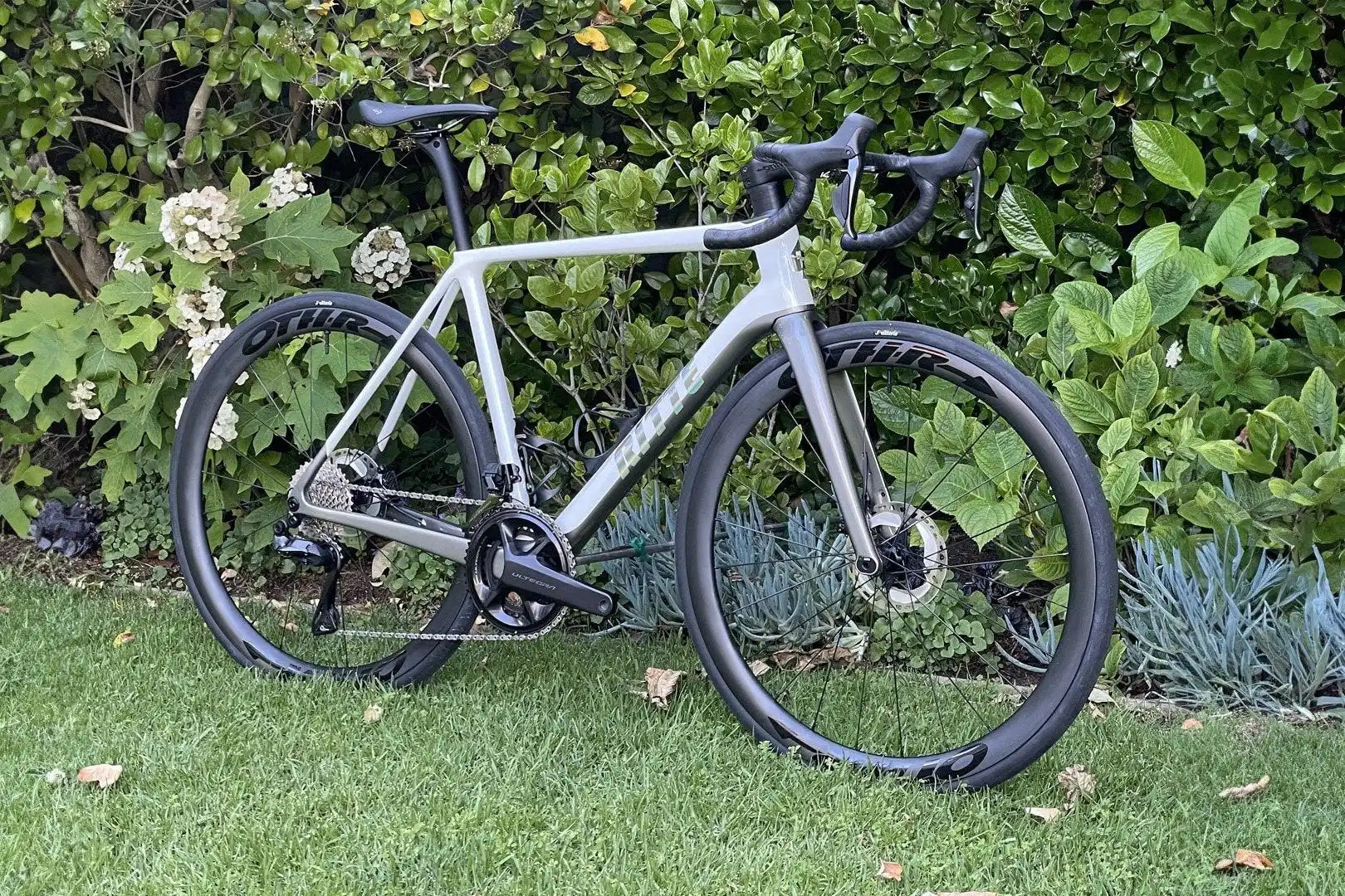 White road bike with black handlebars and wheels.