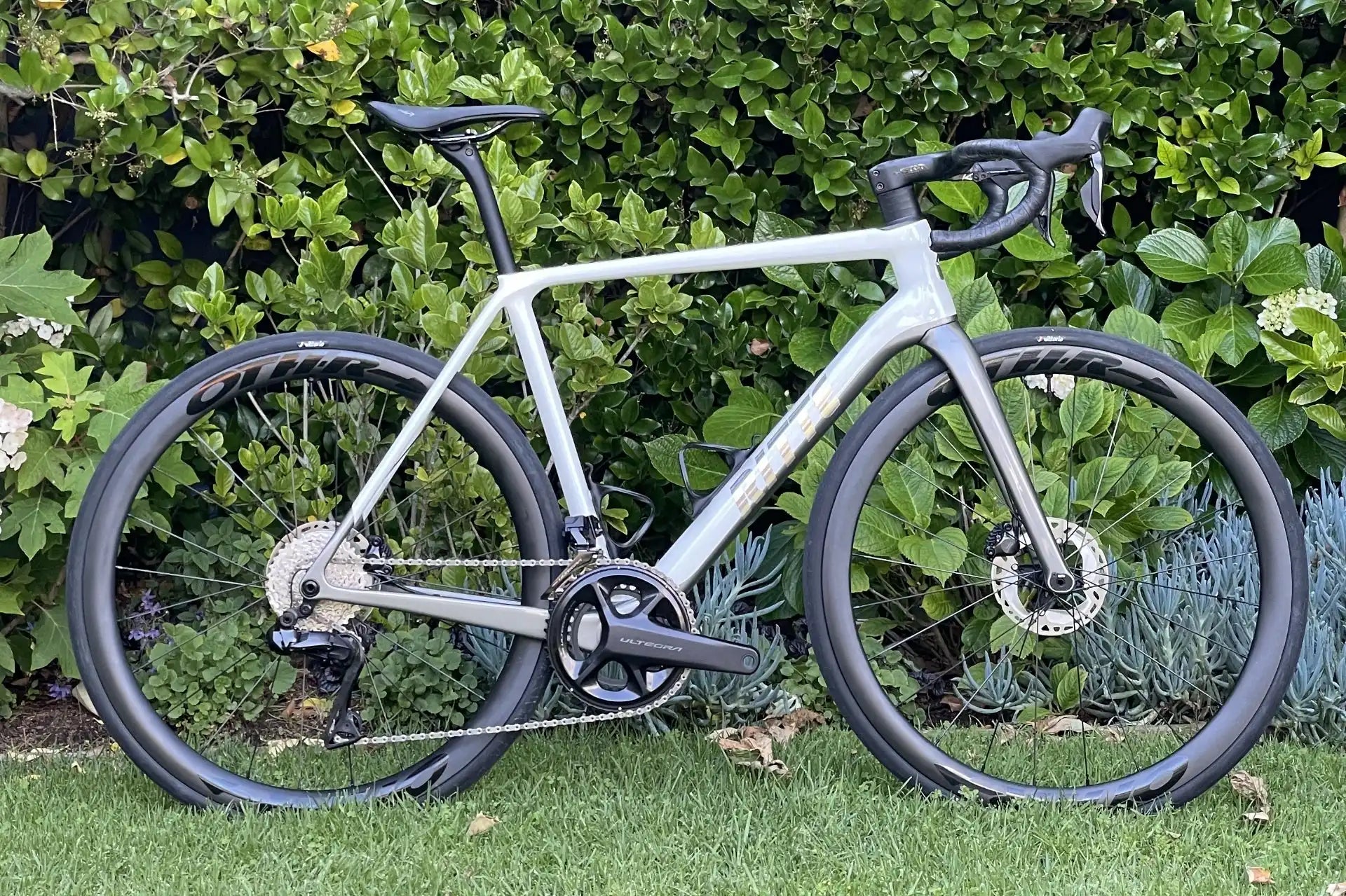 White road bike with disc brakes and black wheels.